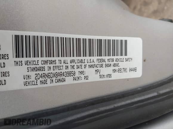 2010 Dodge Grand Caravan Crew with VIN 2D4RN6DX8AR439850, listed as a IAAI auction lot 42812593 with 169,711 mi miles and . Bid and sale history available at DreamBid. Image 9.