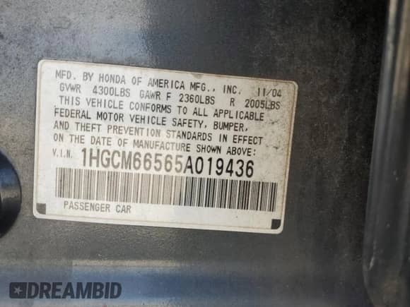 2005 Honda Accord EX-L with VIN 1HGCM66565A019436, listed as a Copart auction lot 86603105 with 145,937 mi miles and Clean title. Bid and sale history available at DreamBid. Image 12.