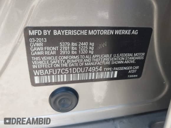 2013 BMW 5 Series 535i xDrive с VIN WBAFU7C51DDU74954, выставлен на аукционе IAAI как лот 42717248 с пробегом 172 827 миль миль и . История ставок и продаж доступна на DreamBid. Изображение 9.