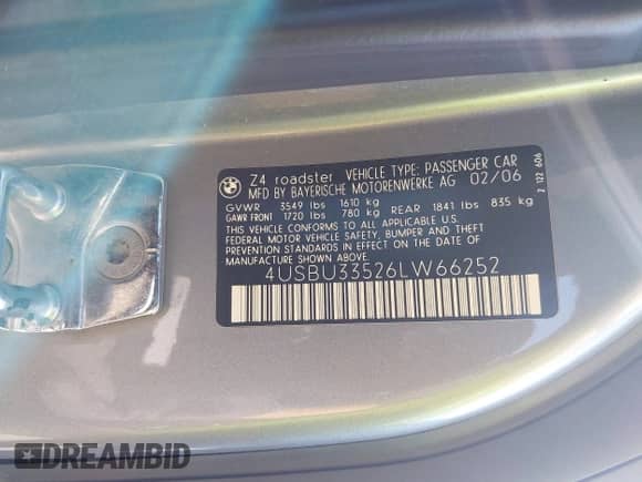 2006 BMW Z4 3.0i with VIN 4USBU33526LW66252, listed as a IAAI auction lot 43325648 with 164,675 mi miles and . Bid and sale history available at DreamBid. Image 9.