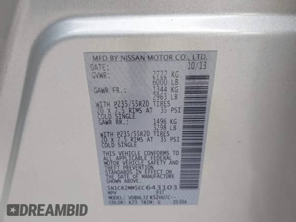 2014 Nissan Pathfinder Platinum Hybrid with VIN 5N1CR2MM5EC643103, listed as a IAAI auction lot 41243310 with 90,162 mi miles and . Bid and sale history available at DreamBid. Image 9.