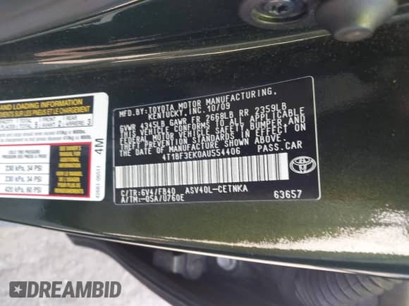 2010 Toyota Camry with VIN 4T1BF3EK0AU554406, listed as a IAAI auction lot 43362720 with 180,728 mi miles and . Bid and sale history available at DreamBid. Image 9.