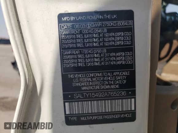 2002 Land Rover Discovery Cloth with VIN SALTY15492A765236, listed as a Copart auction lot 68991324 with Not provided miles and Salvage title. Bid and sale history available at DreamBid. Image 13.