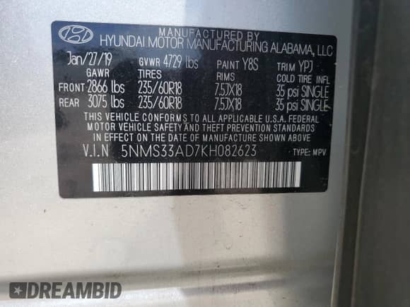 2019 Hyundai Santa Fe SEL with VIN 5NMS33AD7KH082623, listed as a Copart auction lot 71642755 with 18,327 mi miles and Salvage title. Bid and sale history available at DreamBid. Image 12.