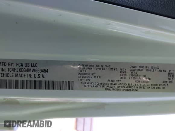 2021 Jeep Wrangler Unlimited Sahara Altitude z VIN 1C4HJXEG4MW669454, wystawiony jako IAAI lot #42563303 z przebiegiem 111 535 mil mil oraz . Historia ofert i sprzedaży dostępna na DreamBid. Obrazek 9.