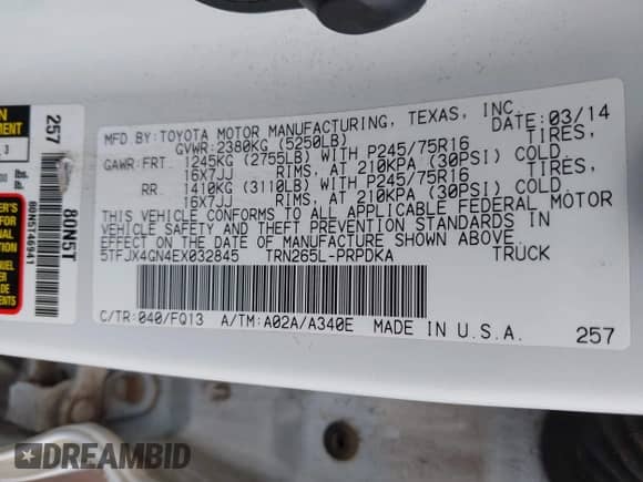 2014 Toyota Tacoma PreRunner z VIN 5TFJX4GN4EX032845, wystawiony jako IAAI lot #41915723 z przebiegiem 163 978 mil mil oraz . Historia ofert i sprzedaży dostępna na DreamBid. Obrazek 9.