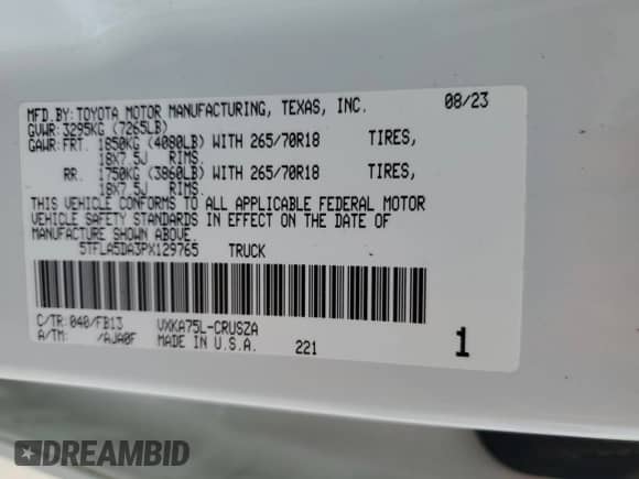 2023 Toyota Tundra SR5 z VIN 5TFLA5DA3PX129765, wystawiony jako Copart lot #55283515 z przebiegiem 35 589 mil mil oraz Szkoda całkowita • Salvage title. Historia ofert i sprzedaży dostępna na DreamBid. Obrazek 12.