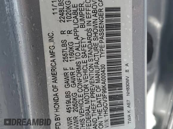 2019 Honda Accord Touring с VIN 1HGCV3F96KA000430, выставлен на аукционе Copart как лот 68299335 с пробегом 149 115 миль миль и Чистый • Clean title. История ставок и продаж доступна на DreamBid. Изображение 12.