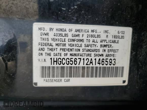 2002 Honda Accord SE with VIN 1HGCG56712A146593, listed as a Copart auction lot 69218255 with 166,668 mi miles and Salvage title. Bid and sale history available at DreamBid. Image 12.