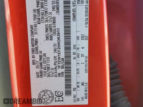 2017 Ford F-150 XLT with VIN 1FTEW1EF2HKD63911, listed as a Copart auction lot 81651315 with 168,410 mi miles and Salvage title. Bid and sale history available at DreamBid. Image 12.