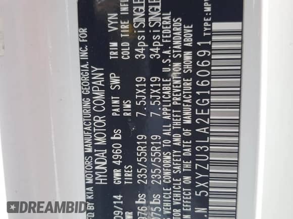 2014 Hyundai Santa Fe с VIN 5XYZU3LA2EG160691, выставлен на аукционе Copart как лот 64519545 с пробегом Не указан миль и Чистый • Clean title. История ставок и продаж доступна на DreamBid. Изображение 14.