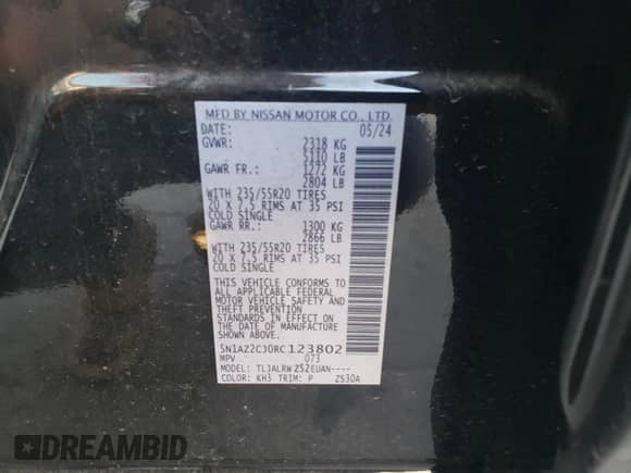 2024 Nissan Murano SL with VIN 5N1AZ2CJ0RC123802, listed as a Copart auction lot 70130725 with 9,873 mi miles and Salvage title. Bid and sale history available at DreamBid. Image 12.