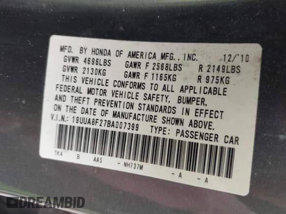 2011 Acura TL with VIN 19UUA8F27BA007399, listed as a IAAI auction lot 43064362 with 192,423 mi miles and . Bid and sale history available at DreamBid. Image 9.