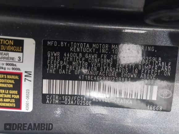 2008 Toyota Camry LE z VIN 4T1BE46K88U219881, wystawiony jako IAAI lot #43154636 z przebiegiem 203 834 mil mil oraz . Historia ofert i sprzedaży dostępna na DreamBid. Obrazek 9.