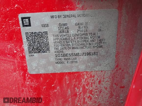 2018 Chevrolet Cruze LT with VIN 1G1BE5SM8J7196181, listed as a IAAI auction lot 42514097 with 137,948 mi miles and . Bid and sale history available at DreamBid. Image 9.