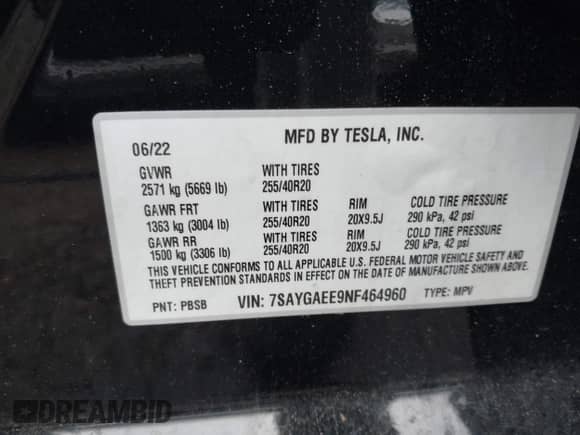 2022 Tesla Model Y Long Range z VIN 7SAYGAEE9NF464960, wystawiony jako IAAI lot #42197857 z przebiegiem 38 635 mil mil oraz . Historia ofert i sprzedaży dostępna na DreamBid. Obrazek 9.