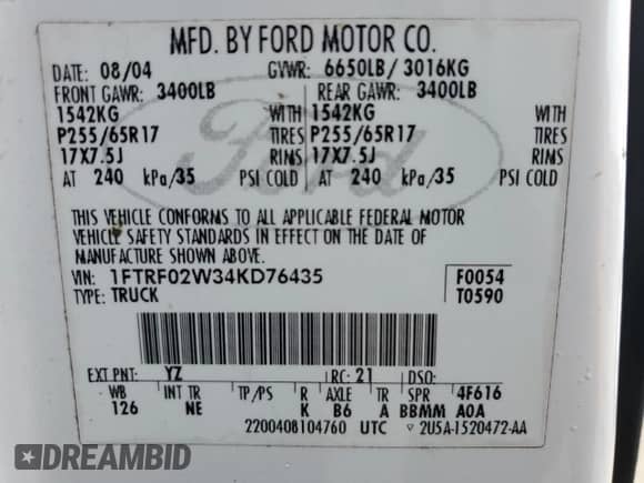 2004 Ford F-150 STX z VIN 1FTRF02W34KD76435, wystawiony jako Copart lot #82598124 z przebiegiem 168 449 mil mil oraz Szkoda całkowita • Salvage title. Historia ofert i sprzedaży dostępna na DreamBid. Obrazek 12.