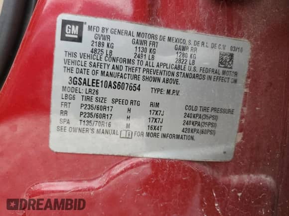 2010 Saturn VUE XR 1SB с VIN 3GSALEE10AS607654, выставлен на аукционе Copart как лот 73804424 с пробегом 113 763 миль миль и Списание • Salvage title. История ставок и продаж доступна на DreamBid. Изображение 12.