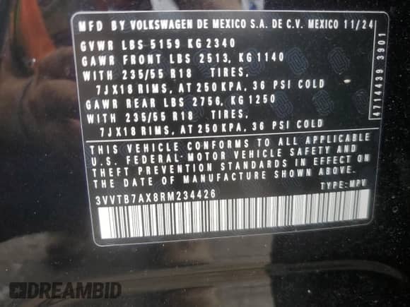 2024 Volkswagen Tiguan с VIN 3VVTB7AX8RM234426, выставлен на аукционе Copart как лот 67175185 с пробегом 6 238 миль миль и Списание • Salvage title. История ставок и продаж доступна на DreamBid. Изображение 13.