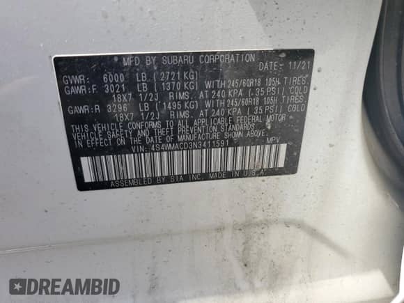 2022 Subaru Ascent Premium с VIN 4S4WMACD3N3411591, выставлен на аукционе Copart как лот 61653815 с пробегом 75 390 миль миль и Списание • Salvage title. История ставок и продаж доступна на DreamBid. Изображение 13.