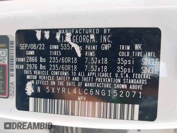 2022 Kia Sorento S z VIN 5XYRL4LC6NG152071, wystawiony jako IAAI lot #42787774 z przebiegiem 43 520 mil mil oraz . Historia ofert i sprzedaży dostępna na DreamBid. Obrazek 9.