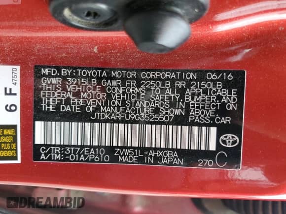 2016 Toyota Prius Three z VIN JTDKARFU9G3525507, wystawiony jako Copart lot #84571575 z przebiegiem 144 554 mil mil oraz Szkoda całkowita • Salvage title. Historia ofert i sprzedaży dostępna na DreamBid. Obrazek 12.