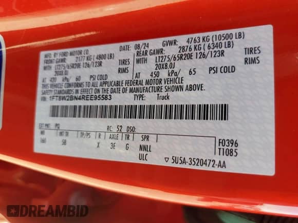 2024 Ford F-250 XL с VIN 1FT8W2BN4REE95583, выставлен на аукционе Copart как лот 90793905 с пробегом Не указан миль и На запчасти • Non repairable. История ставок и продаж доступна на DreamBid. Изображение 13.