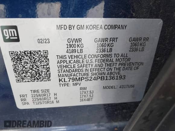 2023 Chevrolet TrailBlazer LT с VIN KL79MPS24PB136193, выставлен на аукционе IAAI как лот 42410555 с пробегом 39 383 миль миль и . История ставок и продаж доступна на DreamBid. Изображение 9.