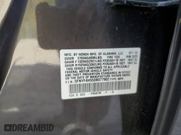 2013 Honda Pilot EX-L with VIN 5FNYF4H55DB077902, listed as a Copart auction lot 84380415 with 101,492 mi miles and Salvage title. Bid and sale history available at DreamBid. Image 13.