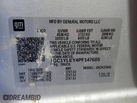 2023 Chevrolet Silverado 2500HD Work Truck with VIN 1GC1YLEY4PF147605, listed as a Copart auction lot 49129445 with 122,088 mi miles and Salvage title. Bid and sale history available at DreamBid. Image 12.
