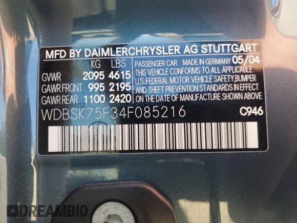 2004 Mercedes-Benz SL 500 z VIN WDBSK75F34F085216, wystawiony jako Copart lot #65427015 z przebiegiem Nie podano mil oraz Szkoda całkowita • Salvage title. Historia ofert i sprzedaży dostępna na DreamBid. Obrazek 12.