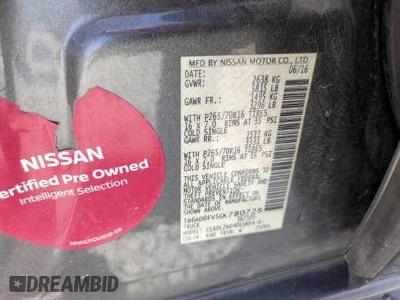 2016 Nissan Frontier SV with VIN 1N6AD0FV5GN780728, listed as a Copart auction lot 59890745 with 135,059 mi miles and Salvage title. Bid and sale history available at DreamBid. Image 12.