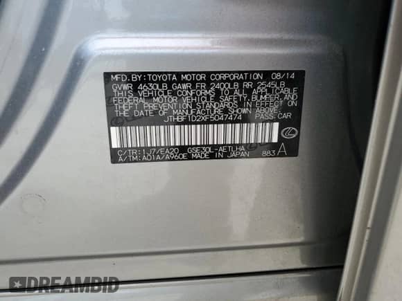 2015 Lexus IS 250 с VIN JTHBF1D2XF5047474, выставлен на аукционе Copart как лот 81015245 с пробегом 121 385 миль миль и Списание • Salvage title. История ставок и продаж доступна на DreamBid. Изображение 12.