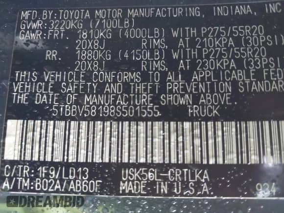 2008 Toyota Tundra Limited с VIN 5TBBV58198S501555, выставлен на аукционе IAAI как лот 42321052 с пробегом 248 154 миль миль и . История ставок и продаж доступна на DreamBid. Изображение 9.