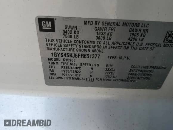 2015 Cadillac Escalade ESV Luxury с VIN 1GYS4SKJ5FR651377, выставлен на аукционе Copart как лот 69732365 с пробегом 178 689 миль миль и Списание • Salvage title. История ставок и продаж доступна на DreamBid. Изображение 13.