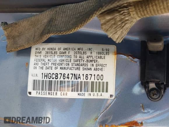 1992 Honda Accord с VIN 1HGCB7647NA167100, выставлен на аукционе IAAI как лот 42107040 с пробегом 246 141 миль миль и . История ставок и продаж доступна на DreamBid. Изображение 9.