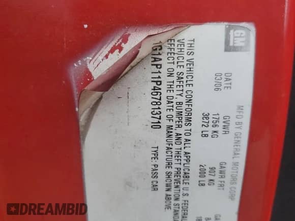 2006 Chevrolet Cobalt with VIN 1G1AP11P467813710, listed as a Copart auction lot 39459834 with 139,408 mi miles and Clean title. Bid and sale history available at DreamBid. Image 12.