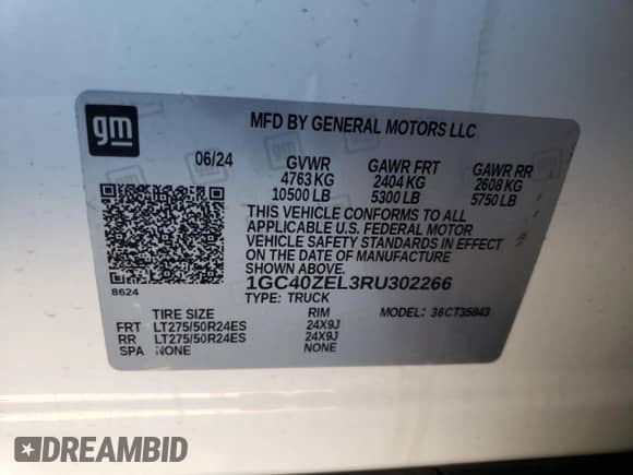 2024 Chevrolet Silverado EV RST с VIN 1GC40ZEL3RU302266, выставлен на аукционе Copart как лот 48977185 с пробегом Не указан миль и Списание • Salvage title. История ставок и продаж доступна на DreamBid. Изображение 12.