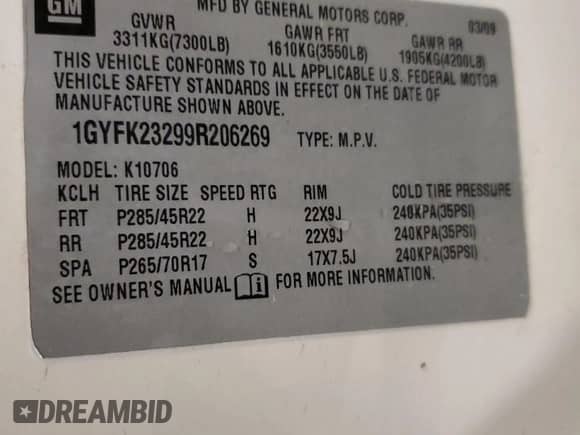 2009 Cadillac Escalade with VIN 1GYFK23299R206269, listed as a Copart auction lot 62164745 with 179,644 mi miles and Salvage title. Bid and sale history available at DreamBid. Image 13.