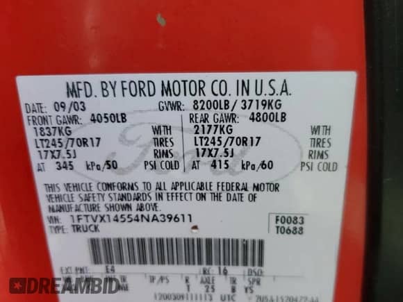 2004 Ford F-150 XL с VIN 1FTVX14554NA39611, выставлен на аукционе Copart как лот 83779824 с пробегом 89 870 миль миль и Списание • Salvage title. История ставок и продаж доступна на DreamBid. Изображение 12.