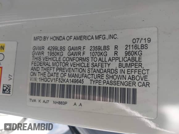 2019 Honda Accord EX-L с VIN 1HGCV1F52KA149645, выставлен на аукционе IAAI как лот 43082199 с пробегом 84 829 миль миль и . История ставок и продаж доступна на DreamBid. Изображение 9.