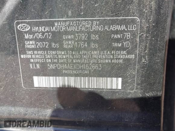 2013 Hyundai Elantra GLS with VIN 5NPDH4AEXDH152663, listed as a IAAI auction lot 43435790 with 122,625 mi miles and . Bid and sale history available at DreamBid. Image 9.