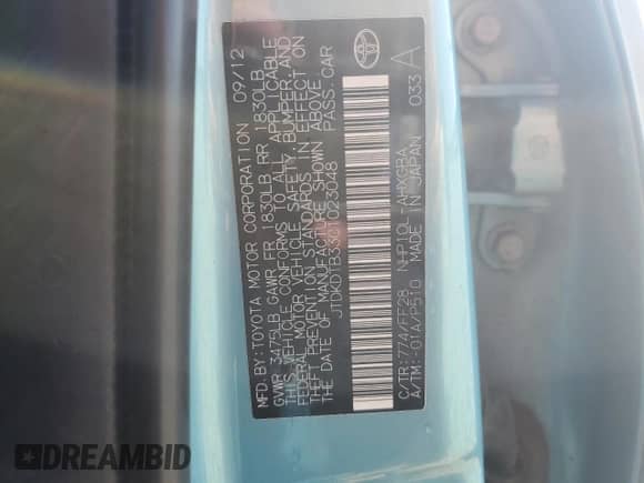 2012 Toyota Prius One с VIN JTDKDTB33C1023048, выставлен на аукционе Copart как лот 70272545 с пробегом 237 521 миль миль и Списание • Salvage title. История ставок и продаж доступна на DreamBid. Изображение 12.