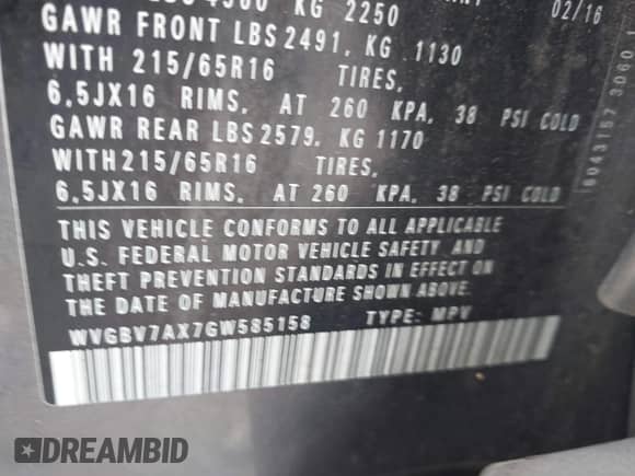 2016 Volkswagen Tiguan SEL с VIN WVGBV7AX7GW585158, выставлен на аукционе IAAI как лот 43111278 с пробегом 174 865 миль миль и . История ставок и продаж доступна на DreamBid. Изображение 9.