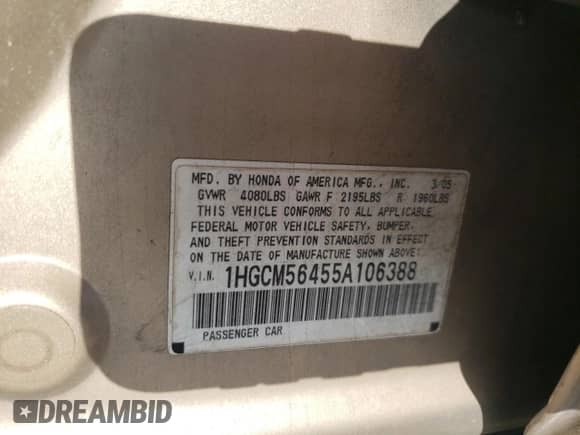 2005 Honda Accord LX with VIN 1HGCM56455A106388, listed as a Copart auction lot 82691825 with 142,834 mi miles and Salvage title. Bid and sale history available at DreamBid. Image 12.