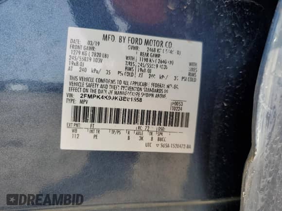 2019 Ford Edge Titanium with VIN 2FMPK4K99KBB81558, listed as a Copart auction lot 54290095 with 78,676 mi miles and Salvage title. Bid and sale history available at DreamBid. Image 13.