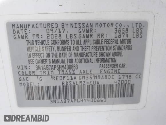 2017 Nissan Sentra SR z VIN 3N1AB7AP6HY400863, wystawiony jako IAAI lot #42268449 z przebiegiem 60 331 mil mil oraz . Historia ofert i sprzedaży dostępna na DreamBid. Obrazek 9.