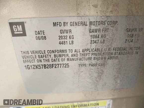 2008 Chevrolet Malibu LTZ with VIN 1G1ZK57B28F277725, listed as a IAAI auction lot 42513215 with Not provided miles and . Bid and sale history available at DreamBid. Image 9.