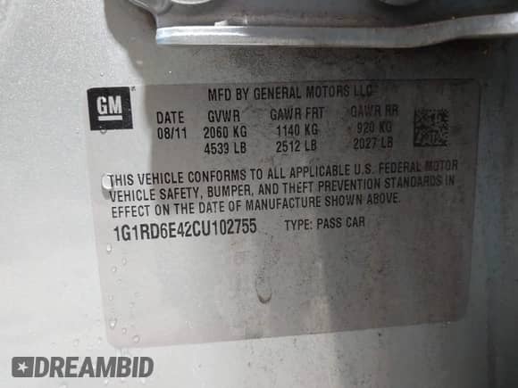 2012 Chevrolet Volt with VIN 1G1RD6E42CU102755, listed as a IAAI auction lot 43315806 with Not provided miles and . Bid and sale history available at DreamBid. Image 9.