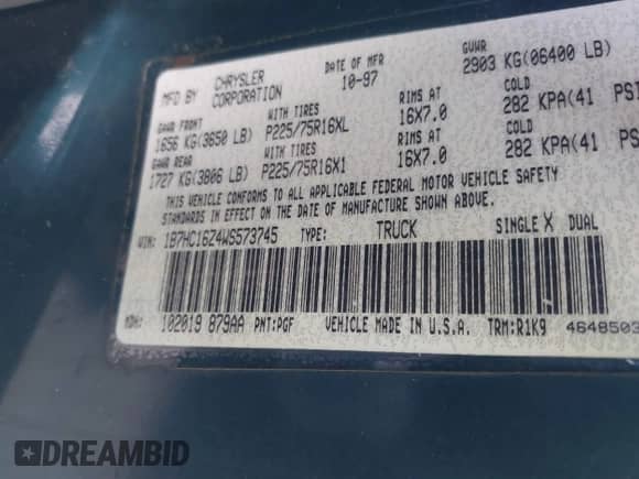 1998 Dodge 1500 with VIN 1B7HC16Z4WS573745, listed as a IAAI auction lot 41480492 with Not provided miles and . Bid and sale history available at DreamBid. Image 9.